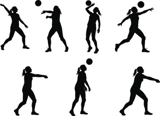 Volleyball player silhouette action poses, female athlete serving ball, jumping, spiking, blocking, fitness training, sports competition concept, teamwork illustration, game