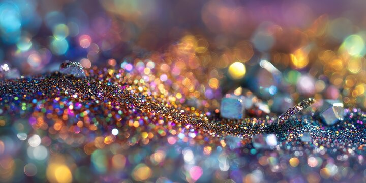 close-up abstract photo of sparkling glitter, colorful tiny reflective cubes, shimmering texture, metallic surface