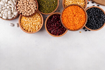 Various dried legumes, lentils, chikpeas, beans assortment