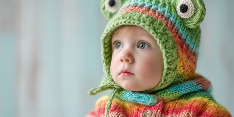 Fototapeta premium a cute little child wearing a rainbow-striped knitted sweater and a green crocheted frog hat with big eyes, looking to the side with a curious expression