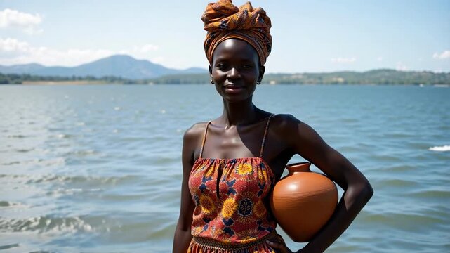 Malawian woman balances clay pot with grace, Lake Malawi's shimmering waters provide a stunning backdrop in this vibrant 4k video footage