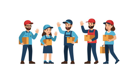 A group of delivery workers waving and holding packages, ready for service.