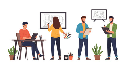 A team of diverse people collaborating on a creative project, working together.