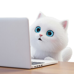 Cute white cat working on a laptop computer isolated PNG with Transparent Background
