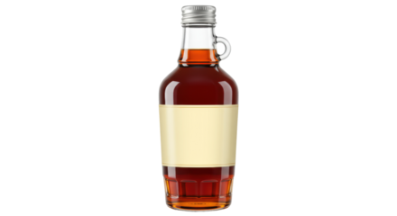 Maple syrup in a glass bottle isolated on transparent background, amber liquid for breakfast topping and pancake ingredient