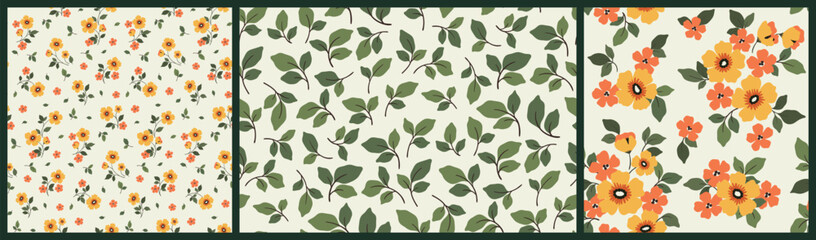 Seamless floral pattern, liberty ditsy print of mini hand-drawn plants. Cute botanical design collection with small yellow flowers, tiny green leaves, simple decorative bouquets. Vector illustration.