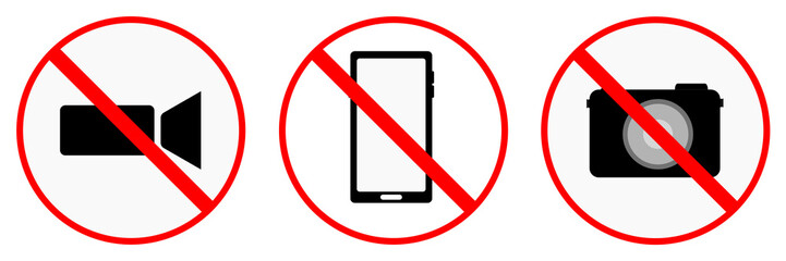 No photography, no video, do not use the phone, red sign symbol prohibition. Warning red round sign, prohibited symbol