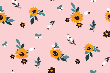 Seamless floral pattern, liberty ditsy print in a creative color. Cute botanical design of simple small bouquets, hand-drawn flowers, sunflowers, tiny leaves abstract on pink. Vector illustration.