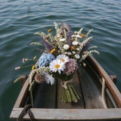 Floral bouquet placed in a boat on a lake for a romantic surprise with copy space