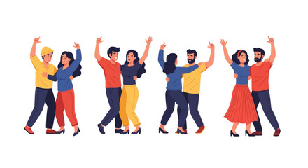 Obraz premium A vibrant illustration depicts several couples joyfully dancing, arms raised, celebrating together in a lively scene.