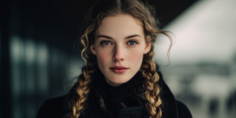 cinematic portrait of a young woman with two long braids, loose waves, natural beauty, minimal makeup