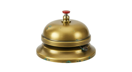 Vintage brass reception bell isolated on transparent background, antique service call bell for hotel or restaurant use