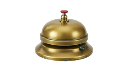 Vintage brass reception bell isolated on transparent background, antique service call bell for hotel or restaurant use