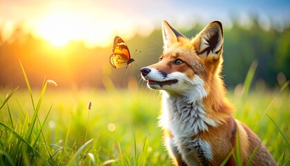 Fototapeta premium Fox in a Meadow with Butterflies