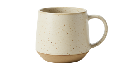 Speckled ceramic mug isolated on transparent background, beige coffee cup with handle for hot drinks and beverages