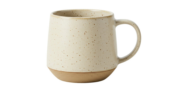 Speckled ceramic mug isolated on transparent background, beige coffee cup with handle for hot drinks and beverages