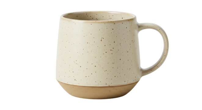 Speckled ceramic mug isolated on transparent background, beige coffee cup with handle for hot drinks and beverages - Powered by Adobe