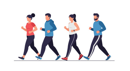 Fototapeta premium Four people are depicted walking or jogging in a line, wearing athletic clothing, against a white background.