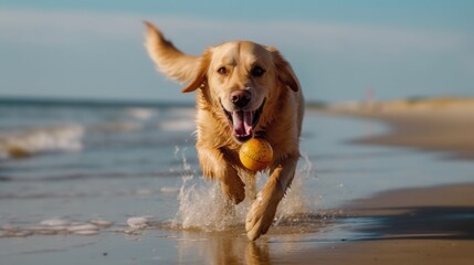 Energetic Golden Retriever Dog Joyfully Running and Fetching a Ball Along the Wet Seashore at Sunset