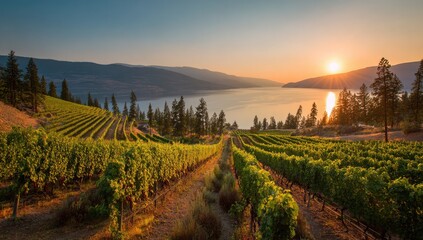 Fototapeta premium Picturesque vineyard terraces cascade down a hillside overlooking a serene lake at sunrise.