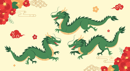 Obraz premium Three green dragons in pixel art style.