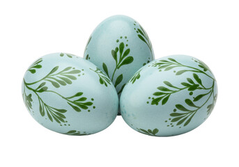 Three light blue Easter eggs with green leaf pattern isolated, spring holiday decoration for celebration and festive design