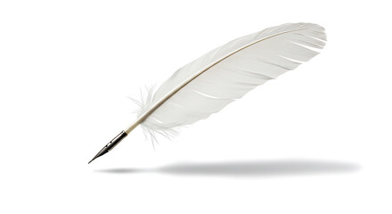 Obraz premium Elegant White Feather Quill Pen with Metal Nib Isolated on White Background and Shadow