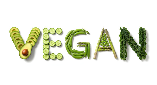 Vegan word made from fresh green vegetables isolated on white background