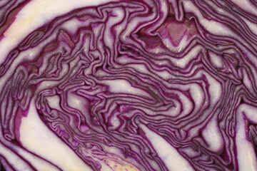Obraz premium A detailed close-up shot of the inner layers of a red cabbage, showcasing its intricate, swirling purple and white patterns