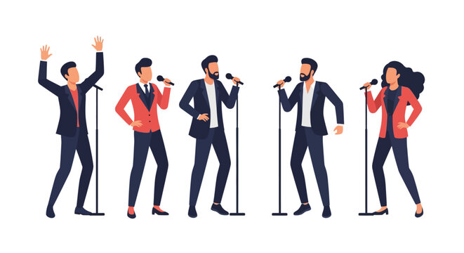 Group of singers performing on stage with microphones, wearing suits and jackets, in a flat vector illustration.
