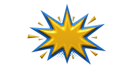 Golden comic explosion PNG isolated on transparent background, cartoon burst with blue outline for graphic design and superhero themes