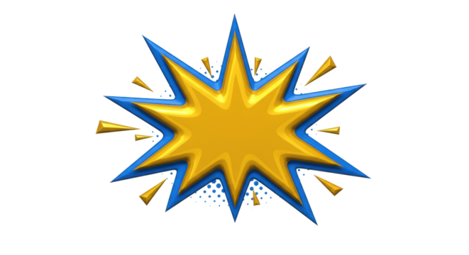 Golden comic explosion PNG isolated on transparent background, cartoon burst with blue outline for graphic design and superhero themes