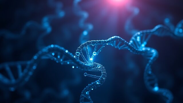 Dark DNA strands glowing under artificial light, revealing intricate hidden patterns.