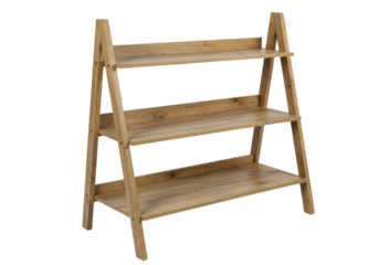 Three-tier ladder shelf isolated, light brown wood bookcase for home decor and storage, studio shot