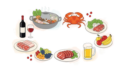 A delightful circle of food and drink surrounds a whole crab.