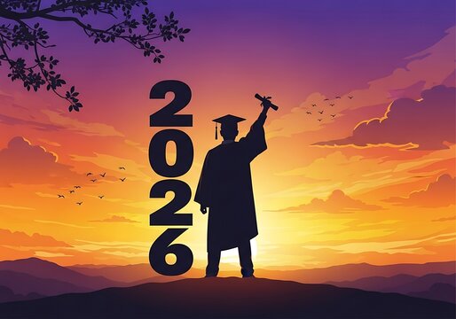 Silhouette of a graduate from the class of 2026 celebrating with a diploma against a vibrant sunset. - Powered by Adobe
