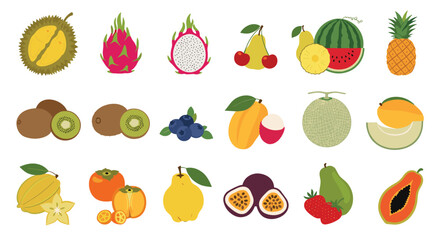 A vibrant collection of tropical and common fruits presented in a pixel art style.