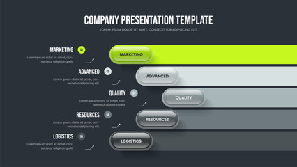 Obraz premium Market Analysis Slideshow Layout Vector Illustration. Business Growth Five Step Diagram Frame Template. Product Showcase 5 Option Infographic Slide Design.