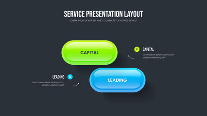 Visual Development Presentation Design Vector Illustration. Corporate Showcase Two Element Infographic Frame Layout. Market Forecast 2 Option Diagram Slide Template.