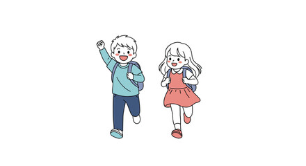 Two happy children running together with backpacks towards the viewer.