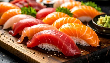 A selection of sushi nigiri on a wooden board