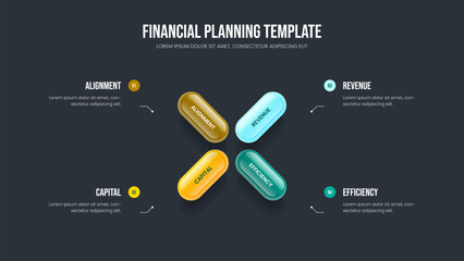 Marketing Visualization 4 Option Diagram Frame Template. Professional Launch Presentation Layout Vector Illustration. Financial Report Four Step Infographic Slide Design.