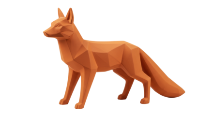 Geometric fox statue isolated on transparent background, polygonal animal sculpture in orange color for modern home decor