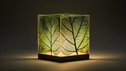 Illuminated Cube Lantern with Natural Leaf Inclusions.