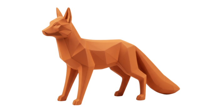 Geometric fox statue isolated on transparent background, polygonal animal sculpture in orange color for modern home decor