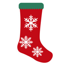 Illustration of a red christmas stocking with green trim and white snowflake designs on a white background