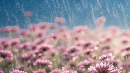Gentle rain falls on a field of pink chrysanthemums in soft focus.