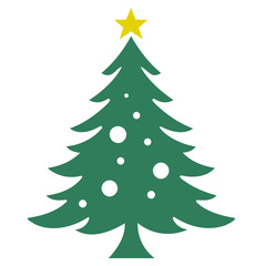Illustration of a green christmas tree with white ornaments and a yellow star on a white background