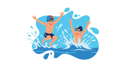 Two young boys joyfully splashing and swimming in the clear blue water.