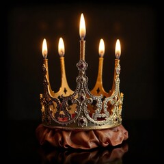 Golden crown with candles for a festive wedding ceremony on a dark background